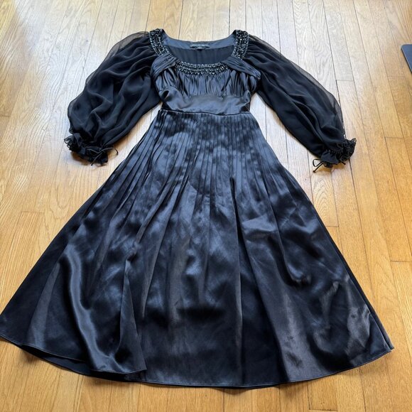 Lafayette 148 Size 4 Black Silk Sheer Sleeves Beaded Pleated Evening Gown - Picture 7 of 16